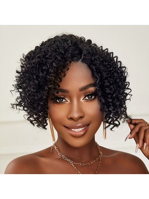 Indispensablely Siyah Kısa Afro Yan Tül Peruk
