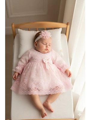Miniday Baby Kız Bebek Mevlütlük Elbise Dantelli Bandanalı