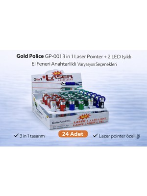 Bezos Gold Police GP-001 3 In 1 Laser Pointer + 2 LED Işıklı El Feneri Anahtarlıklı 24 Adet