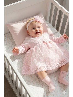 Miniday Baby Kız  Bebek Mevlütlük Dantelli Elbise Bandanalı