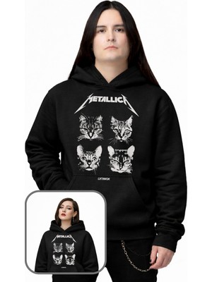 Fuddy Moda Unisex Metallica Kedi Baskılı Kapüşonlu Sweatshirt, Oversize Cat Rock Band Temalı Hoodie