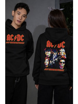 Fuddy Moda Unisex Ac-Dc Let There Be Rock Sırt Baskılı Kapüşonlu Sweatshirt, Oversize Rock Band Temalı Hoodie