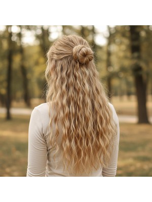 Indispensablely Fiber Sen Kabarık Dalgalı Yarım Ay + 2 Yan Çıt Çıt / Karamel Platin Röfleli