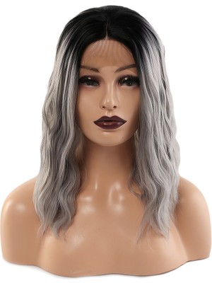 Indispensablely Fiber Sen Dalgalı Kısa Tül Peruk / Siyah Gri Ombreli