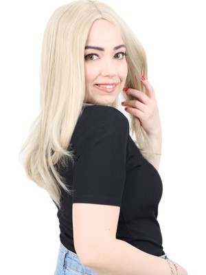 Indispensablely Kahkülsüz Fiber Sen Orta Boy Düz Peruk / Balköpüğü / Platin Röfleli