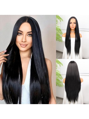 Indispensablely Siyah Düz Uzun Tül Peruk