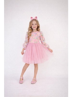 Dıgıl Kids Çiçek Detaylı Pembe Renk Kız Çocuk Elbise