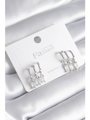 Pazarcan Pirinç Gümüş Renk 3'lü Sallantı Zirkon Taşlı Küpe