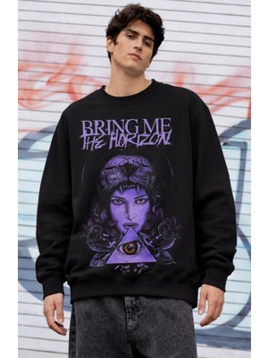 Fuddy Moda Unisex Oversize Purple Mega Bring Me The Horizon Baskılı Bisiklet Yaka Kapüşonsuz Sweatshirt