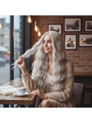 Indispensablely Uzun Su Dalgası Fiber Sen Peruk / Küllü Beyaz