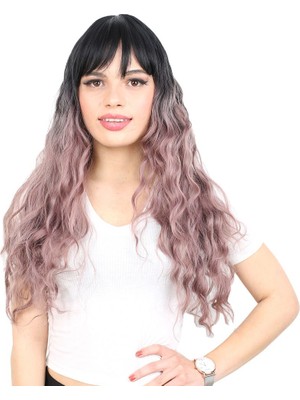 Indispensablely Perçemli Uzun Su Dalgası Fiber Sen Peruk/ Siyah / Gül Kurusu Ombreli