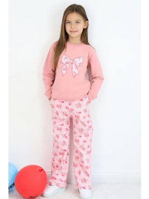 Breeze Kız Çocuk Eşofman Takımı Fiyonk Baskılı Pantolonu Çiçek Desenli 1.5-5 Yaş, Gülkurusu