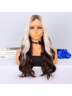 Indispensablely Kumral / Beyaz Platin Ombre Uçlar Kahverengi Su Dalgalı Tül Peruk