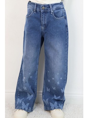Breeze Kız Çocuk Jean Pantolon Paça Kısmı Kelebek Baskı Detaylı 6-12 Yaş, Mavi