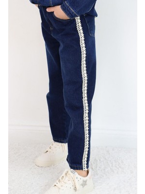 Breeze Kız Çocuk Jean Pantolon Yanları Şerit Güpür Detaylı 3-7 Yaş, Koyu Mavi