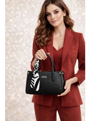 Canaris Kadın Siyah Omuz Çantası Fular Detaylı 3 Bölmeli Geniş Hacimli Kol ve Omuz Askılı Günlük Şık Kadın Çanta