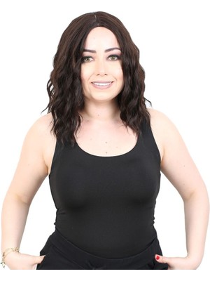 Indispensablely Fiber Sen Kısa Dalgalı Perçemsiz Peruk / Koyu Kahve