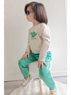 Breeze Sevimli Dinozor Nakışlı Erkek Bebek Eşofman Takımı 9 Ay-3 Yaş Bej Renkli Günlük Kullanım