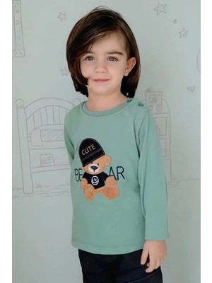 Breeze Erkek Bebek Uzun Kollu Tişört Havalı Ayıcık Nakışlı 9 Ay-3 Yaş, Mint Yeşili