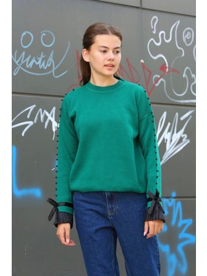 Indispensablely Boncuklu Bile Detaylı Kazak Petrol Yeşili