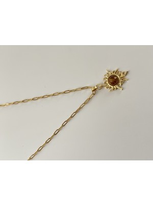 Çelik Kolye Ataç Zincirli Akik Taş Güneş Kolye