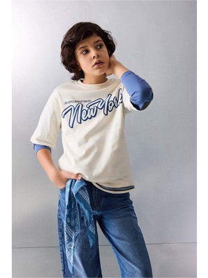 DeFacto Oversize Geniş Kalıp Bisiklet Yaka Baskılı Uzun Kollu Tişört Erkek Çocuk G6322A826SP