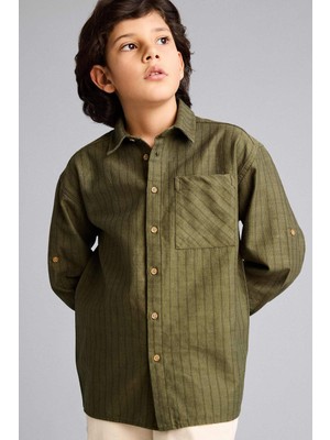 DeFacto Oversize Gömlek Yaka Çizgili Poplin Uzun Kollu Gömlek Erkek Çocuk G6423A826SP