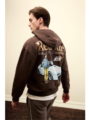 DeFacto Inıtıal D Boxy Fit Kapüşonlu Baskılı Kalın Sweatshirt Kumaşı Sweatshirt F9760AX26SP