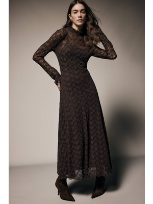 DeFacto A Kesim Dik Yaka Dantel Uzun Kollu Midi Elbise G6959AX25AU