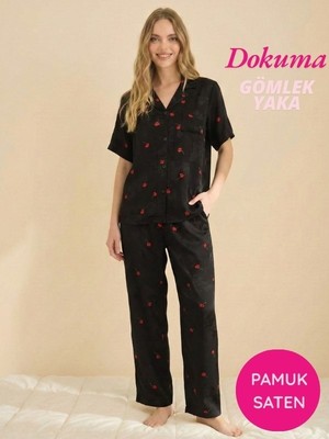 Bie's Kadın Maskülen Önden Düğmeli Gömlek Yaka Dokuma Pamuk Saten Göğüs Cepli Kısa Kol Pijama Takımı