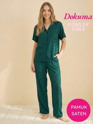 Bie's Kadın Maskülen Önden Düğmeli Gömlek Yaka Dokuma Pamuk Saten Göğüs Cepli Kısa Kol Pijama Takımı