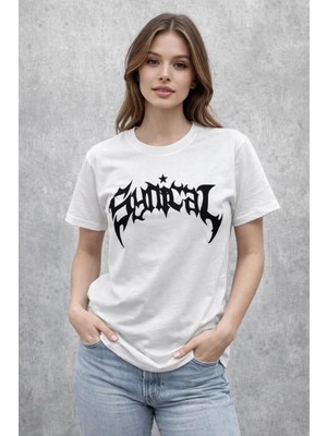Tarz Yeri Kadın Kısa Kol Yazlık Tişört Bisiklet Yaka Baskılı Oversize T-Shirt - Beyaz