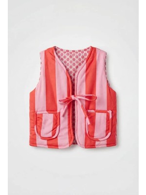 Magu Kız Çocuk Pamuklu Pembe Çizgili Yelek - Bağlamalı Cepli Şık Tasarım