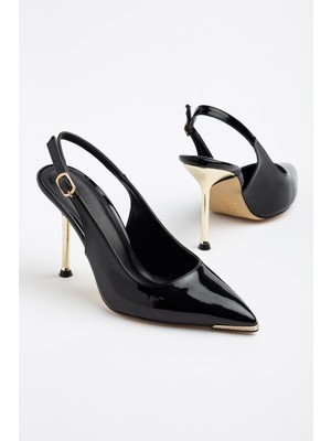 Dilimler Ayakkabı Kadın Ince Topuklu Stiletto Siyah Rugan Metal Taş Aksesuarlı