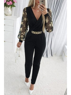 Modatıkla Kadın Uzun Kollu Kruvaze Yakalı Kolları Çiçek Desenli Janjan Krep Tulum