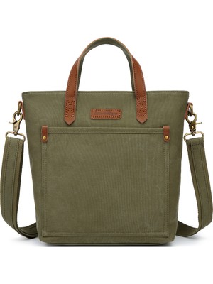 Smart Bags Haki Kadın Omuz Çantası Kanvas Kumaş Hakiki Deri Detaylı Uzun Askılı