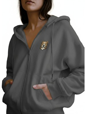 Muhtar Store Kadın Pitbull Köpek Baskılı Tam Boy Fermuarlı Oversize Hoodie
