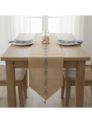 Dyris Dyrs 200X50 cm Jüt Runner – Balık Desenli Doğal Hasır Masa Örtüsü | Rustik & Bohem Dekoratif Runner