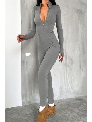 Modatıkla Kadın Uzun Kollu V Yaka Baş Parmak Geçirmeli Detay Kaşkorse Tulum