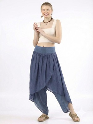 Luisido Kadın Koyu Mavi Italyan Zarf Kapaklı Astarlı Bol Paça Salaş Ipek Pantolon