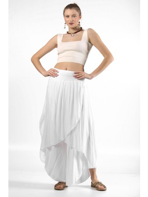 Luisido Kadın Beyaz Italyan Zarf Kapaklı Astarlı Bol Paça Salaş Ipek Pantolon