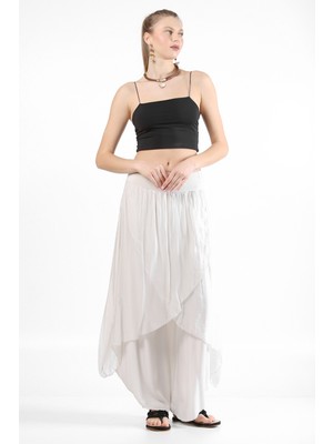 Luisido Kadın Bej Italyan Zarf Kapaklı Astarlı Bol Paça Salaş Ipek Pantolon