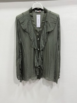 Della Moor Haki Kadın Italyan Önü Fırfırlı Şal Yaka Uzun Kol Astarlı Gömlek Bluz