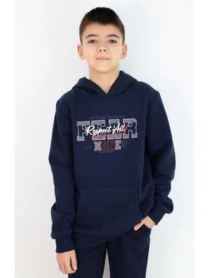 Breeze Erkek Çocuk Sweatshirt Kapüşonlu Yazı Baskılı Kanguru Cepli 9-14 Yaş, Lacivert