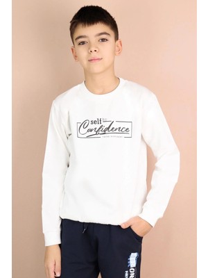 Breeze Erkek Çocuk Sweatshirt Yazı Baskılı 8-14 Yaş, Ekru