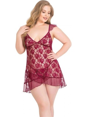 Aria's Closet Arias Closet Büyük Beden Bordo Kısa Tül Gecelik