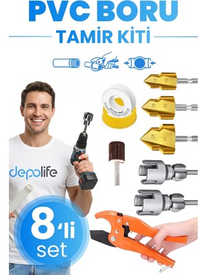 Depolife 8'li Pprc Pvc Boru Makası Plastik Su Borusu Diş Açma Havşa Pah Açma Aparatı Tesisatçı Kılavuz Seti