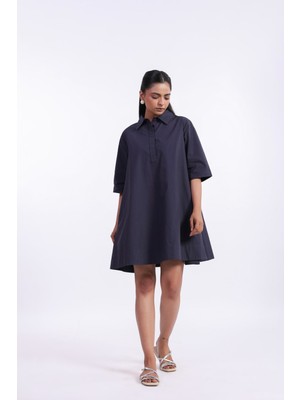 Elegant Lacivert Polo Yaka Kısa Kollu Yandan Cepli Elbise