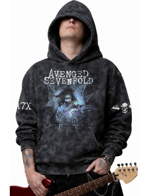 Fuddy Moda Unisex Avenged Sevenfold A7X Kol Baskılı Kapüşonlu Yıkamalı Sweatshirt, Oversize Rock Band Hoodie