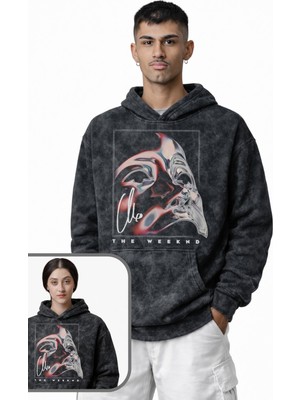 Fuddy Moda Unisex The Weeknd Mask Baskılı Kapüşonlu Yıkamalı Sweatshirt, Oversize Rap Temalı Retro Hoodie